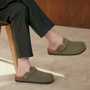 Litfun suede women's clogs with adjustable strap and cork footbed in olive green