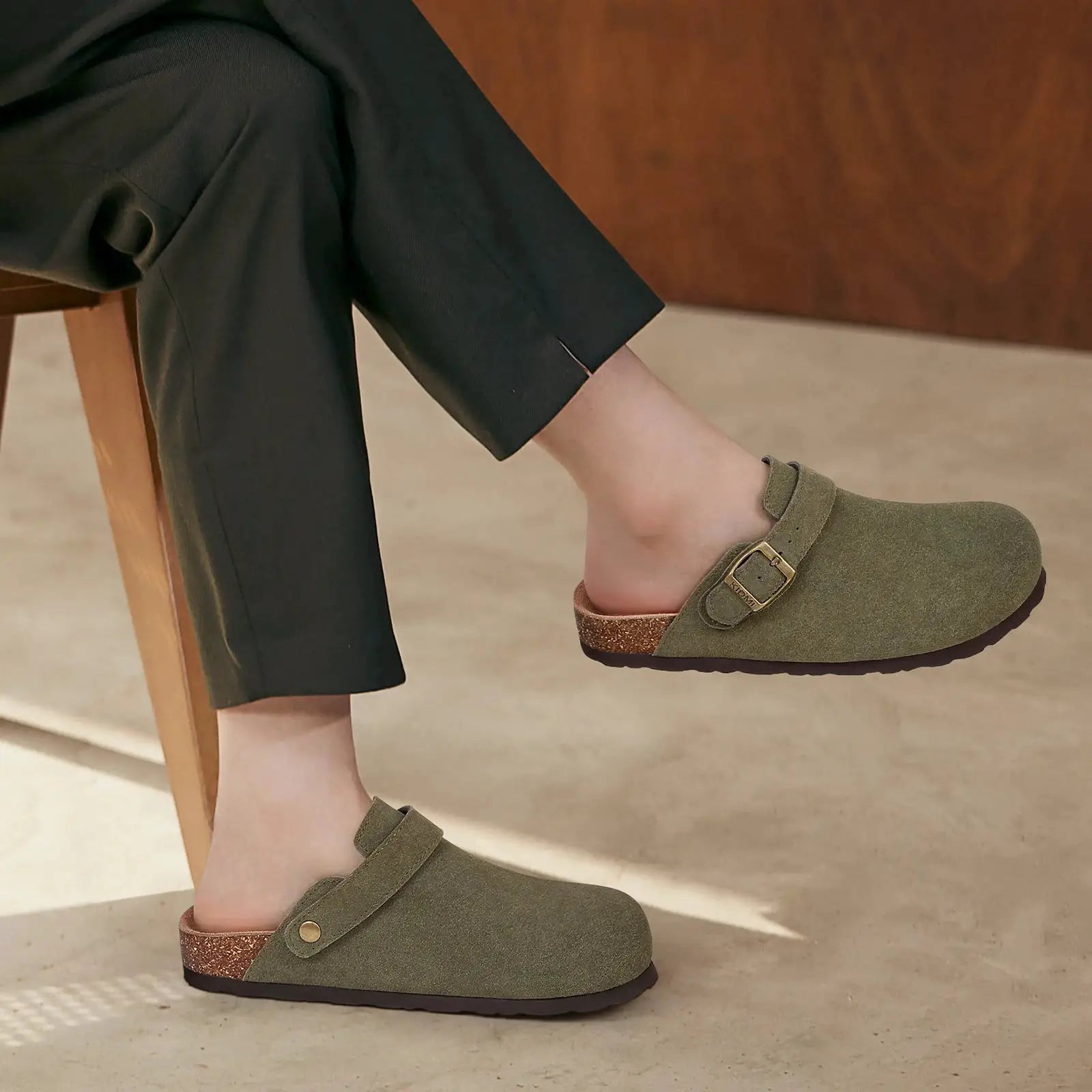 Litfun suede women's clogs with adjustable strap and cork footbed in olive green