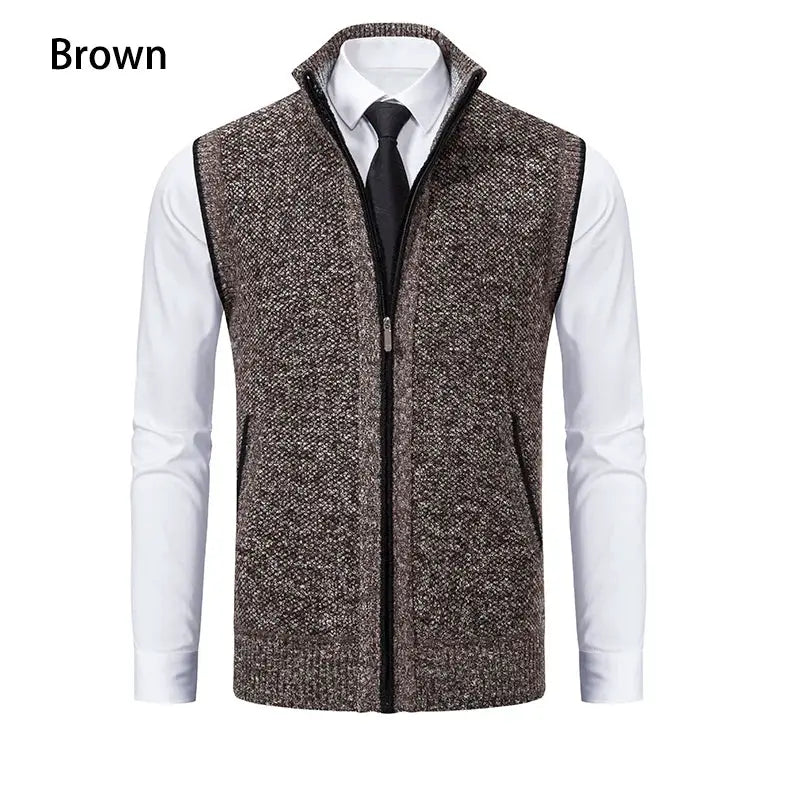 Brown men's knit zip-up sleeveless vest with stand collar