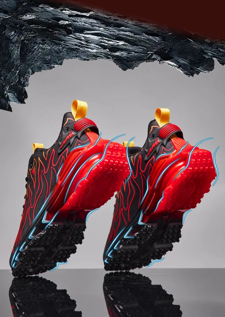 Simples Market men's red and black running sneakers with neon blue accents, breathable athletic pair