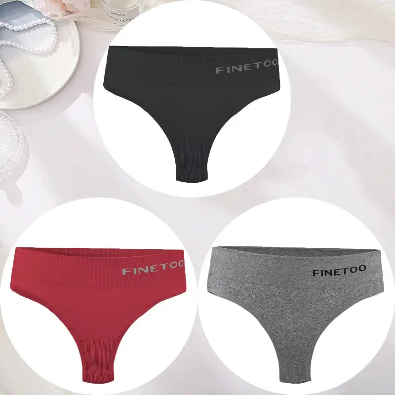 3-pack Finetoo women's seamless high-waist thong underwear set in black, red and gray, sizes M-2XL