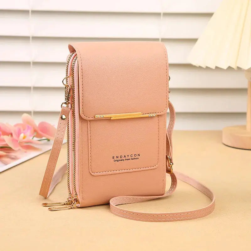 Pink crossbody phone bag with front card pocket, gold hardware, Endaycon logo