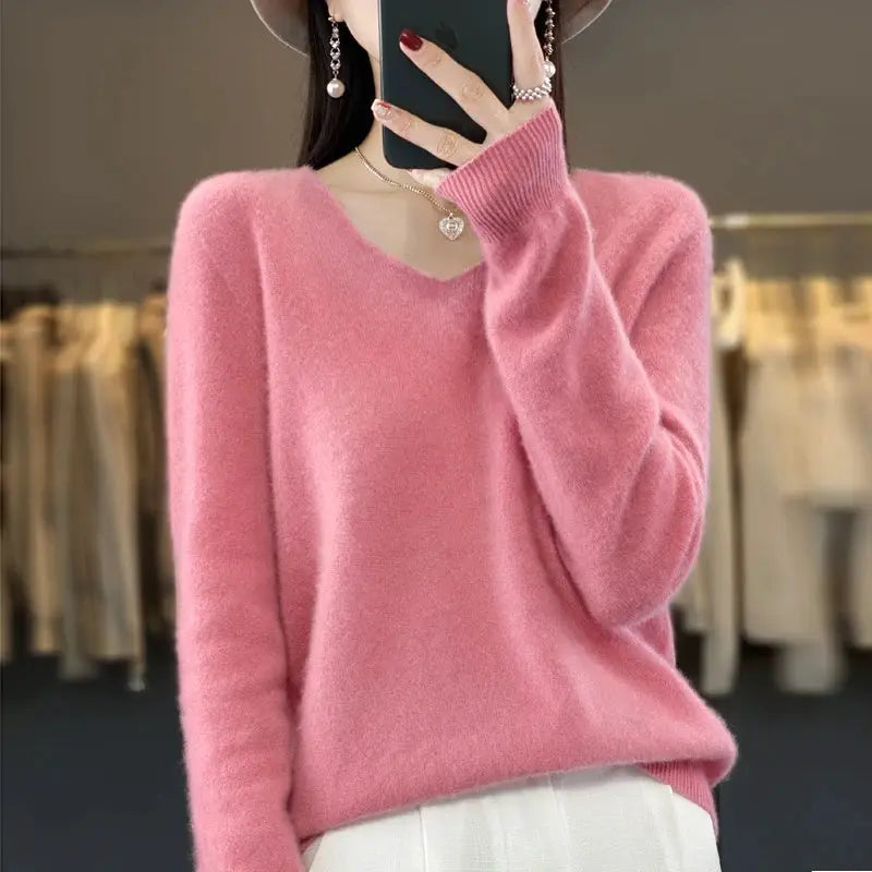 Women's Merino Wool V Neck Pullover Sweater Loose Fit for Autumn and Winter Comfort