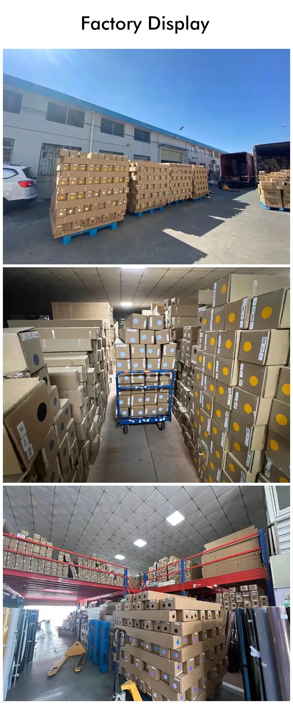Car accessory packaging boxes stacked on blue pallets in a large warehouse