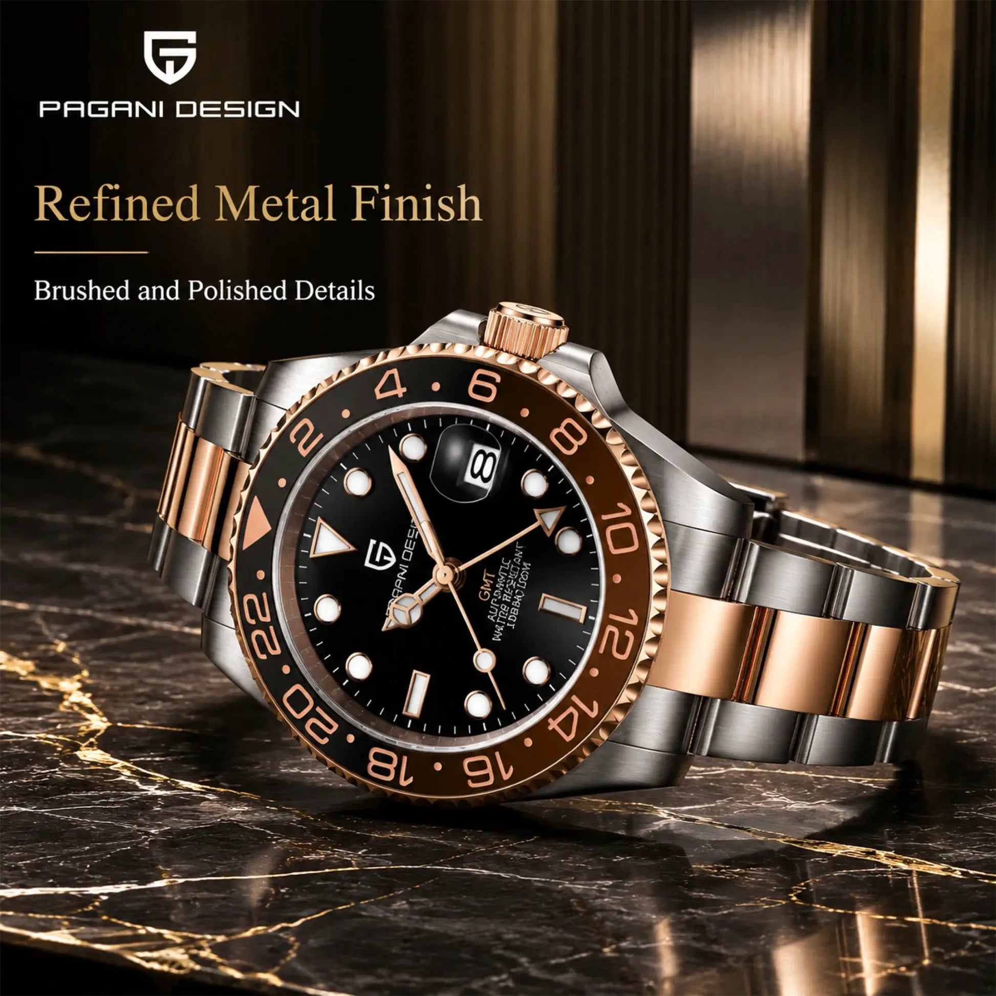 Pagani Design men's GMT watch in two-tone stainless steel and rose gold with black dial and date window.