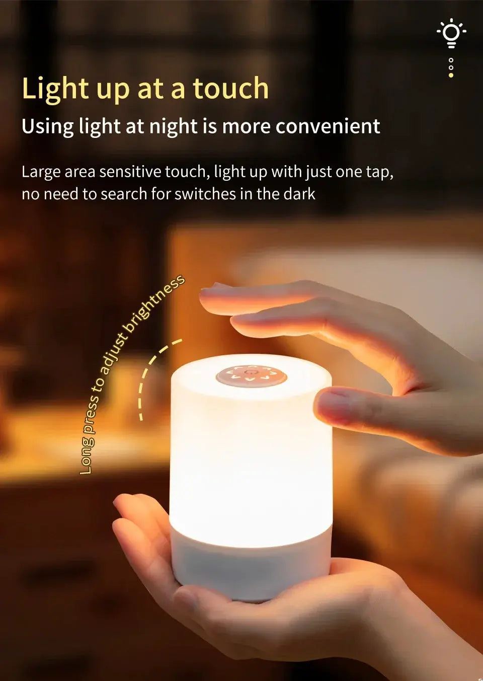 Bedside LED touch night light by Simples Market; rechargeable, dimmable white cylindrical desk lamp.
