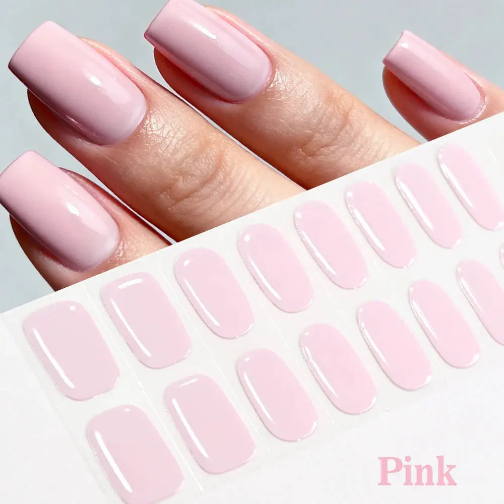 Nail wraps sheet with pink glossy oval stickers for full-cover gel-look nails