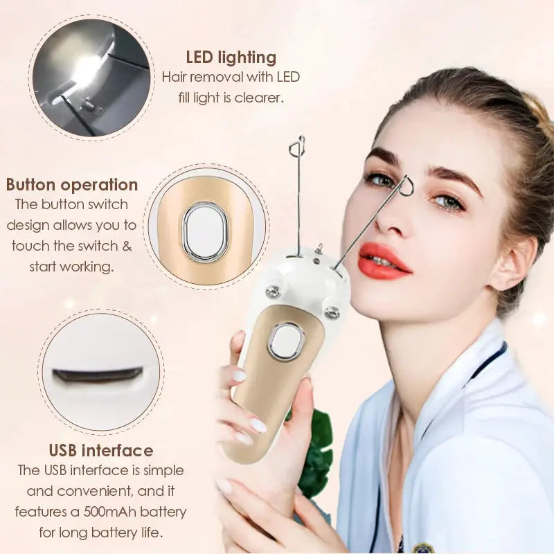 Simples Market electric threading epilator for face and body in white/beige with LED lighting and USB charging.