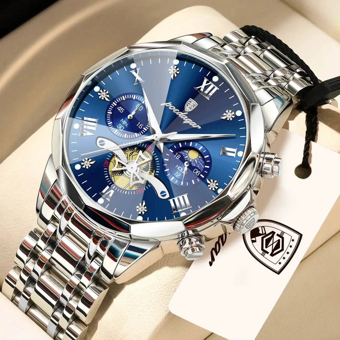 POEDAGAR Exquisite Business Mens Watch Waterproof Luminous Chronograph Luxury Stainless Steel Quartz Wristwatch