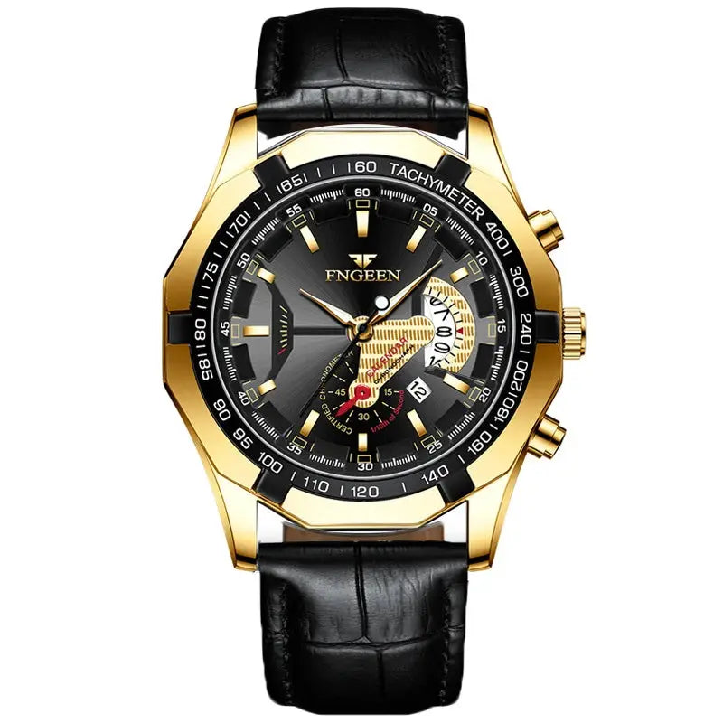 BINBOND men's quartz wristwatch with gold-tone stainless steel case and black leather strap, luminous dial