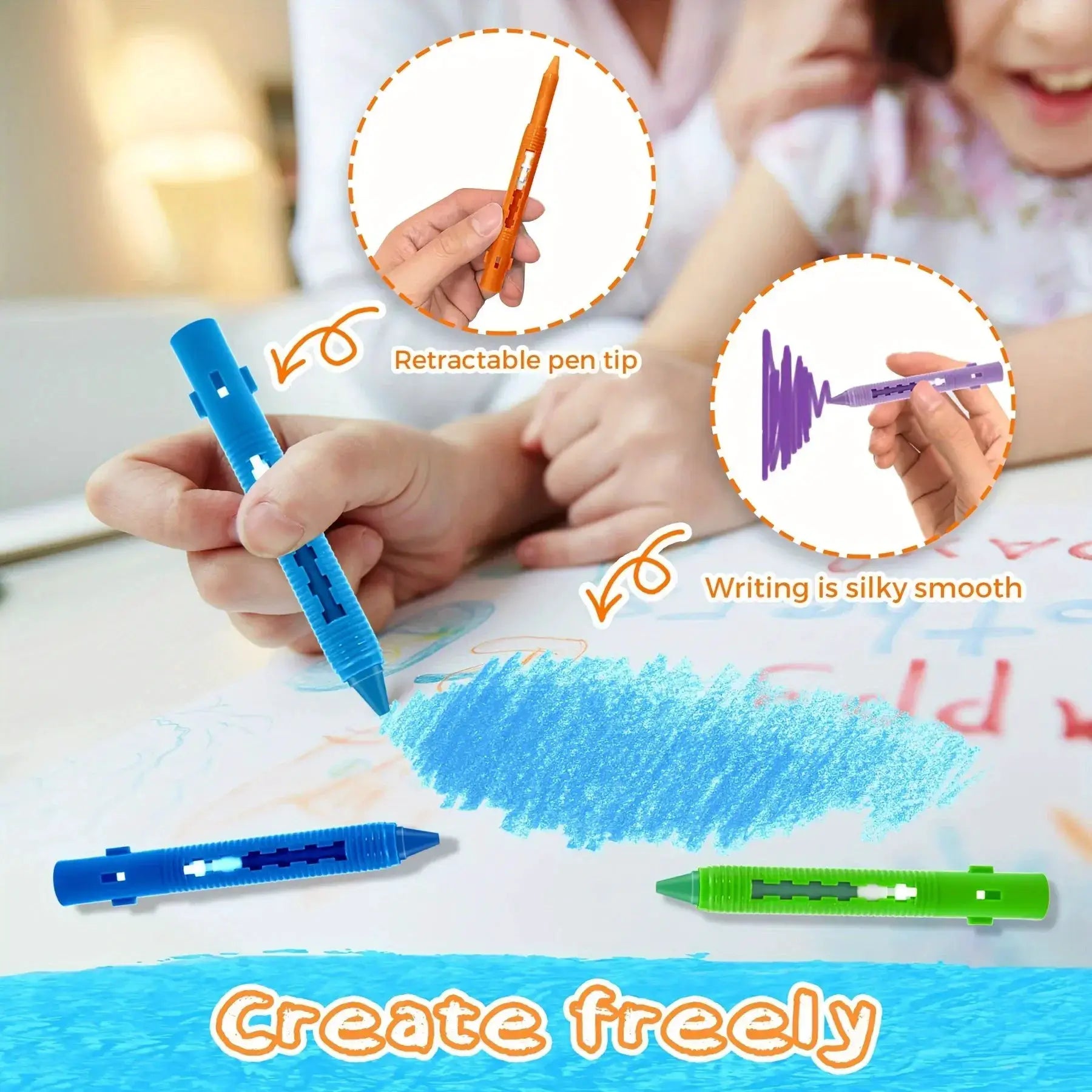 Bath crayons set of four by Simples Market; retractable-tipped markers in blue, orange, purple, green.