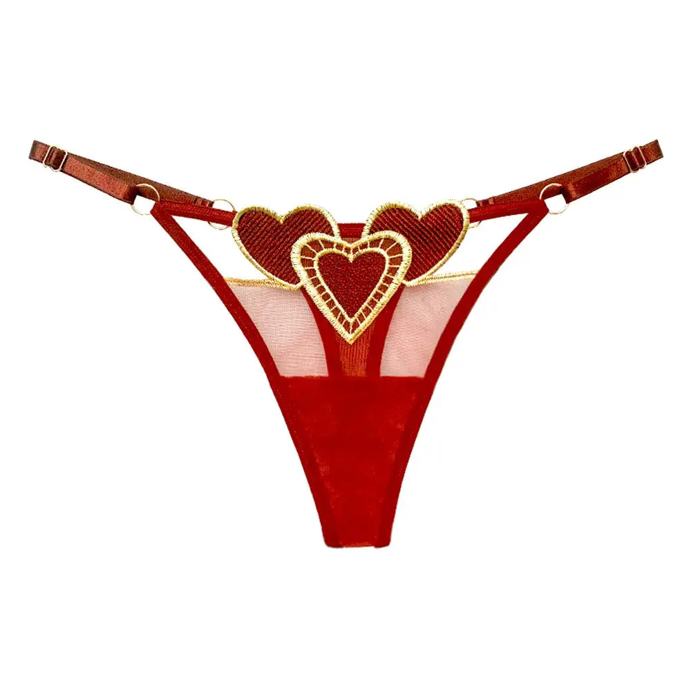 Thong panty by Simples Market, red with heart embroidery, low-rise, adjustable straps