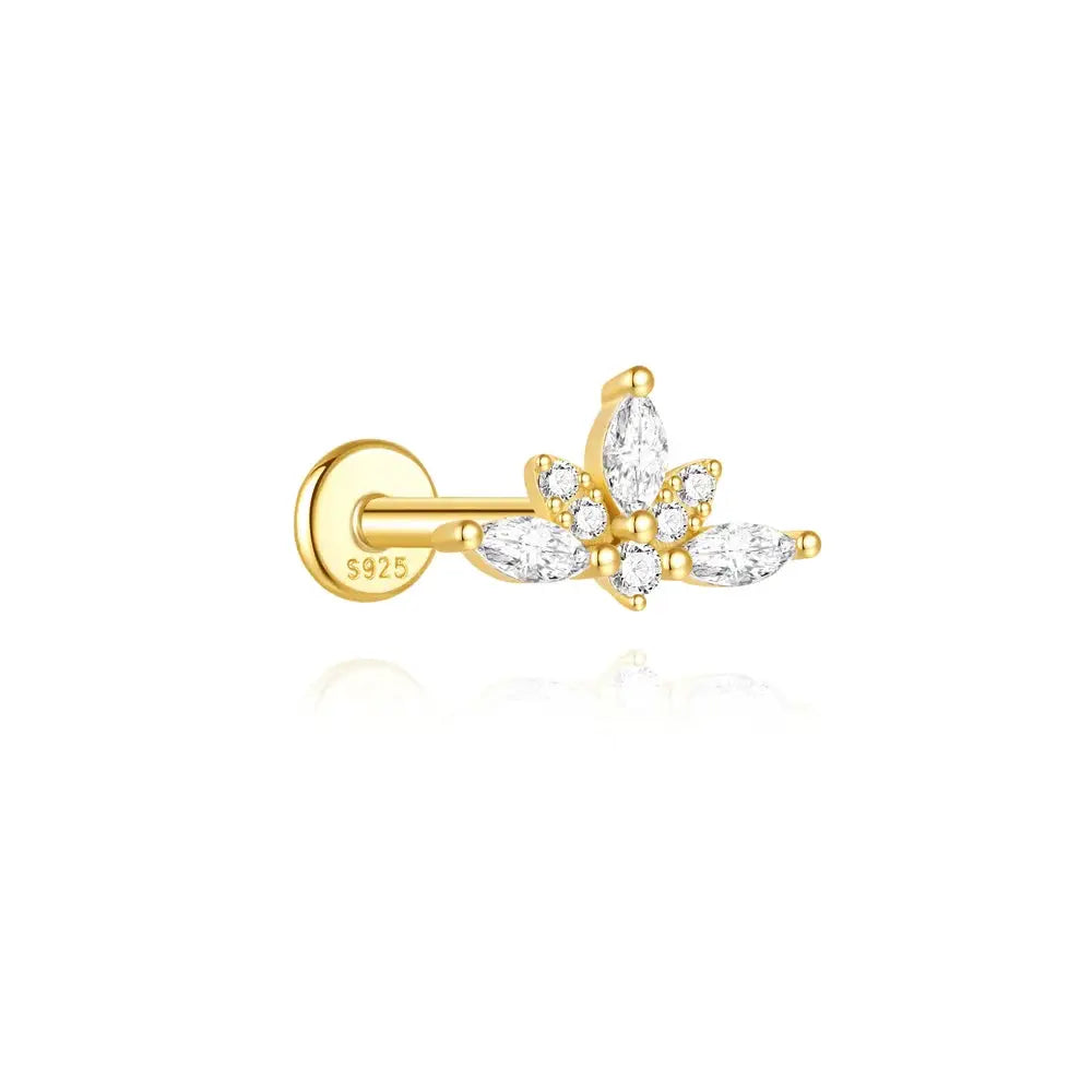 Gold-tone floral zircon cluster helix ear stud with 925 silver post
