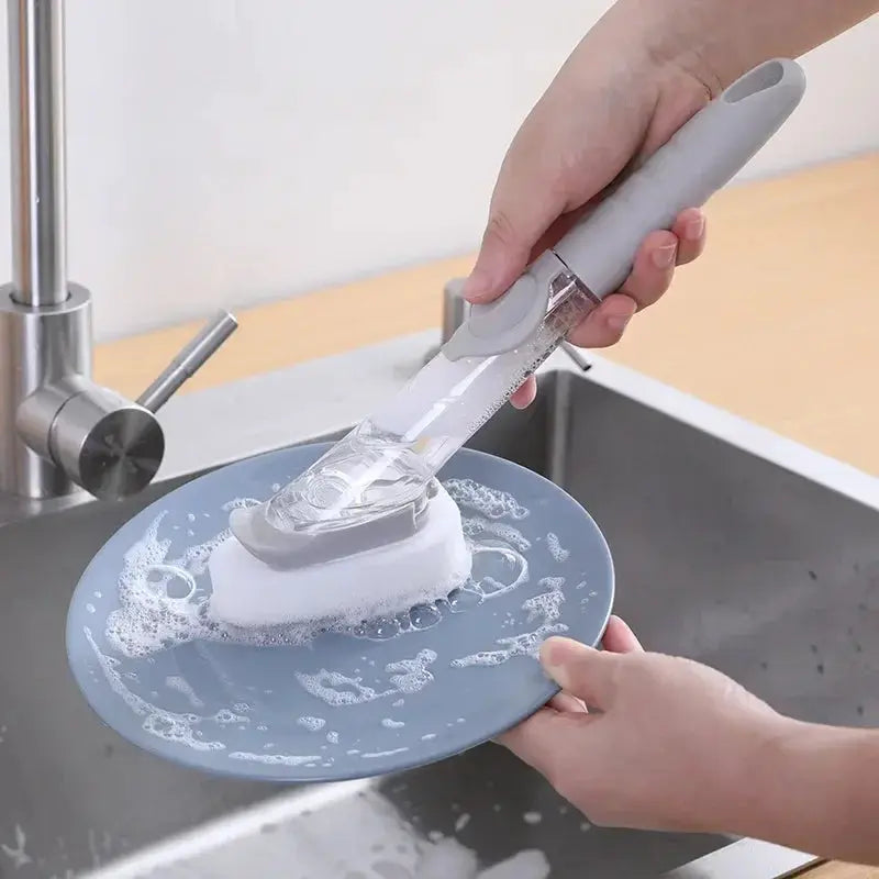 2 In 1 Kitchen Cleaning Brush With Long Handle And Removable Sponge Dispenser For Dishes Pots Pans And Stovetops