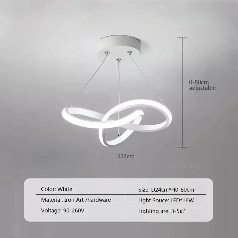 Nordic white LED ceiling pendant lamp with intertwined looping rings, suspension cables, D24cm, height adjustable 0–80cm.