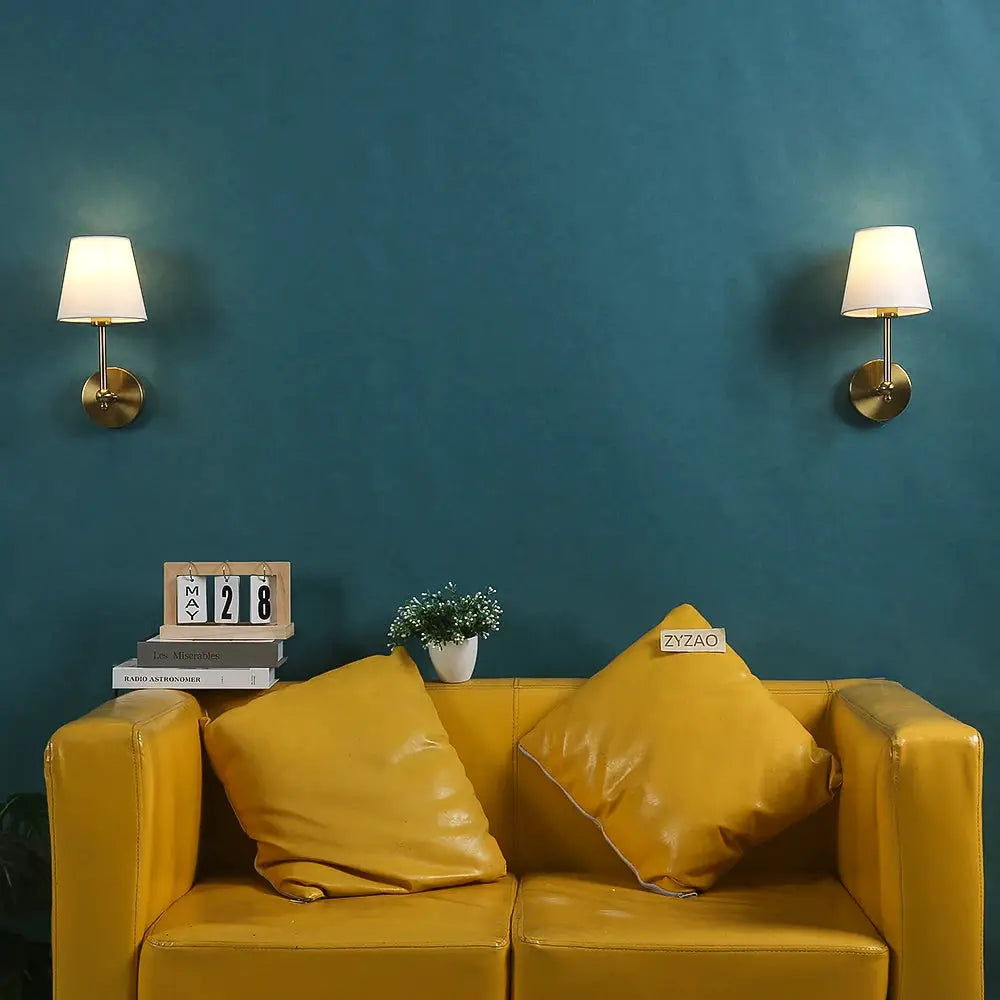 Simples Market American Retro wall lamps; pair of brass sconces with white fabric shades.