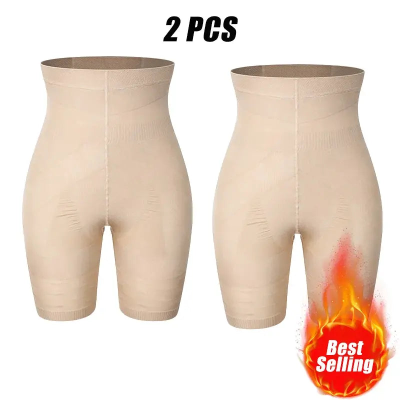 2 pcs beige men's tummy control shorts, high-waist shapewear body shaper with compression briefs