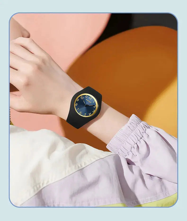 SANDA 6186 unisex watch with black silicone strap, blue dial and gold-tone bezel