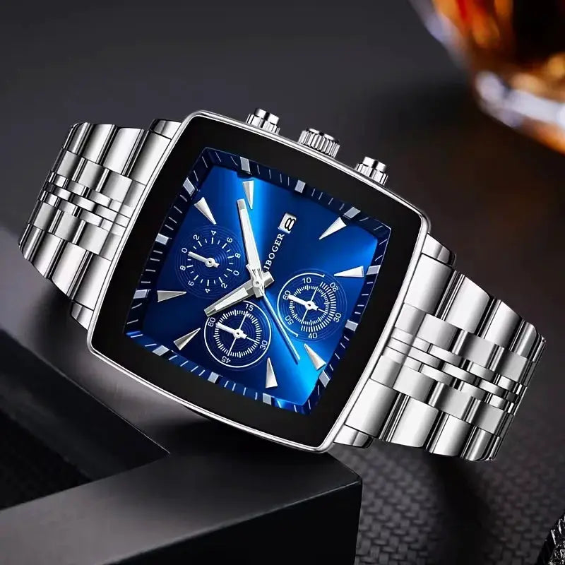 Men's luxury square-dial quartz wristwatch with blue dial and stainless steel band, chronograph subdials