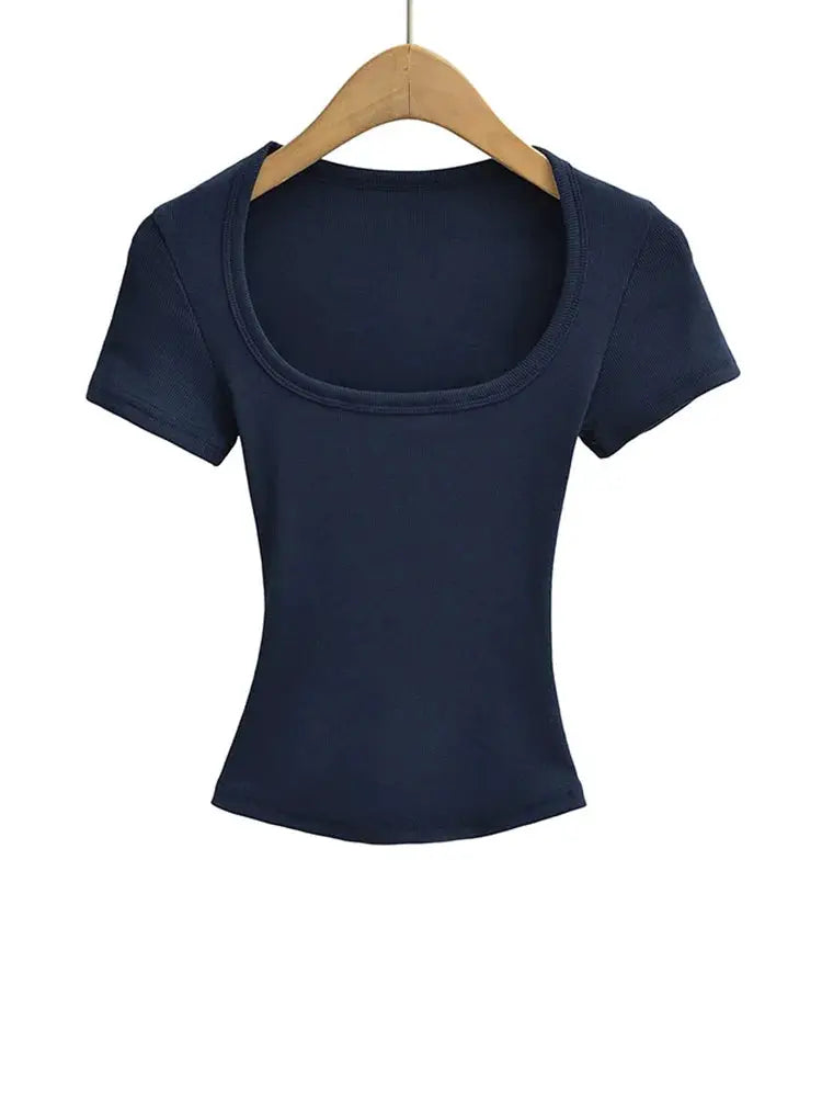Womens Slim Fit Square Collar Crop Top High Stretch Short Sleeve Pullover Summer Blouse T Shirt For Layering