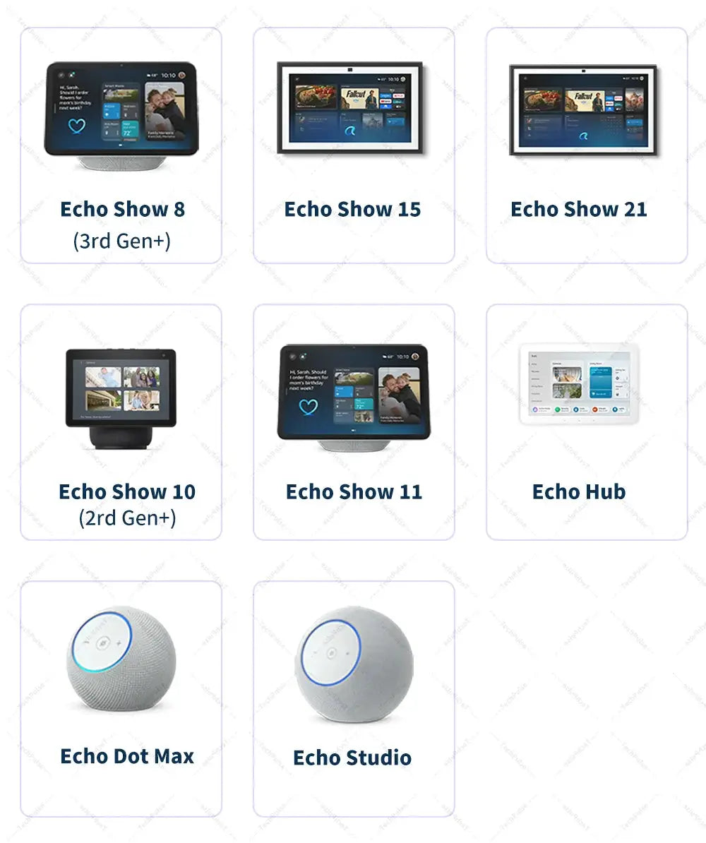 Amazon Echo device collage showing 8 items: Echo Show 8, 10, 11, 15, 21, Echo Hub, Echo Dot Max, and Echo Studio.