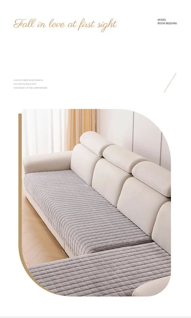 Flannel sofa cushion set by Simples Market with non-slip thickened backrest and plush seat covers in light gray.