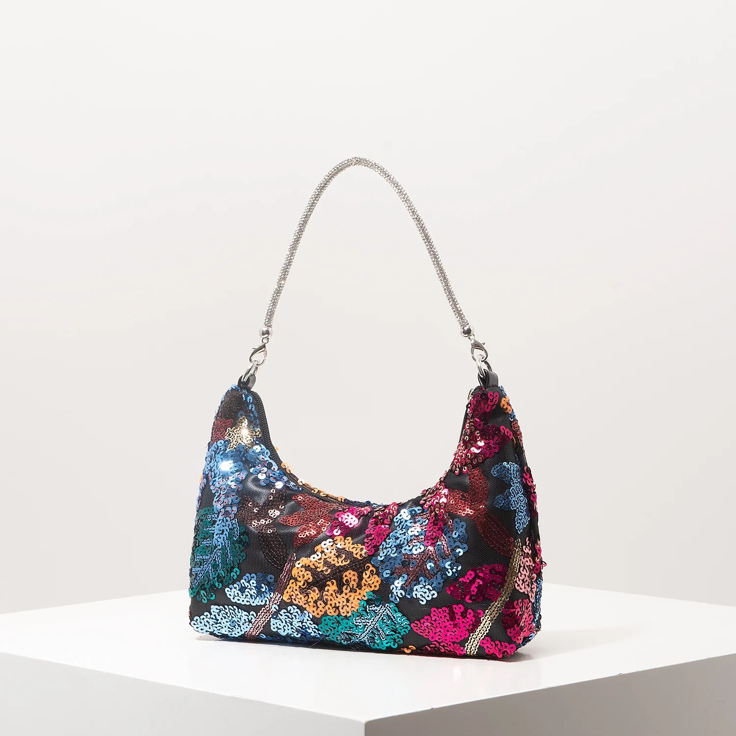 Shoulder bag with multicolor sequin floral embroidery and silver chain strap