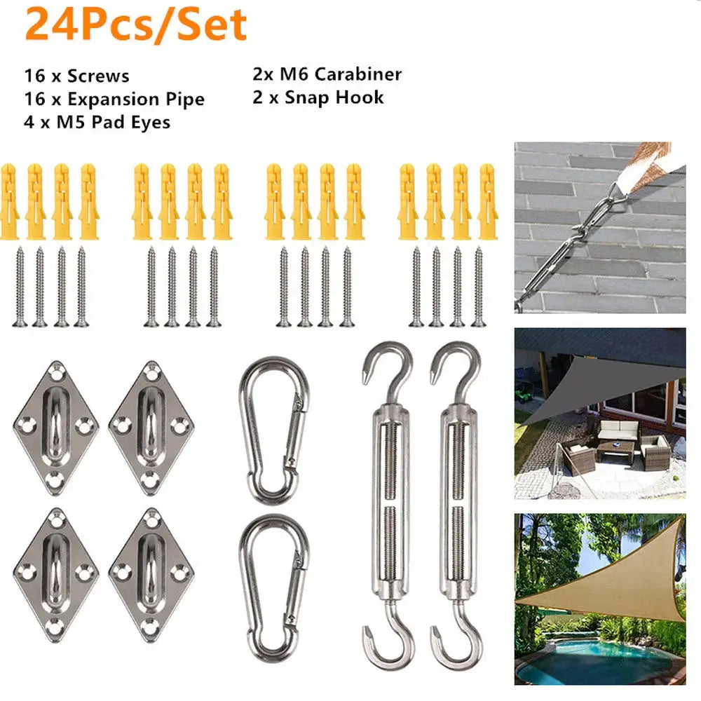 Waterproof UV-block Shade Sail hardware kit 24-Piece by Simples Market; screws, anchors, carabiners
