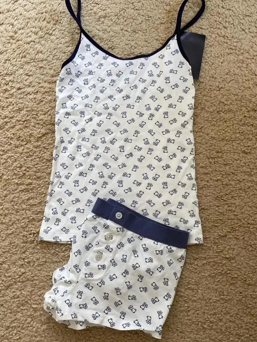 Strawberry Print Vest And Shorts Set For Women Eyelet Bow Tank Top