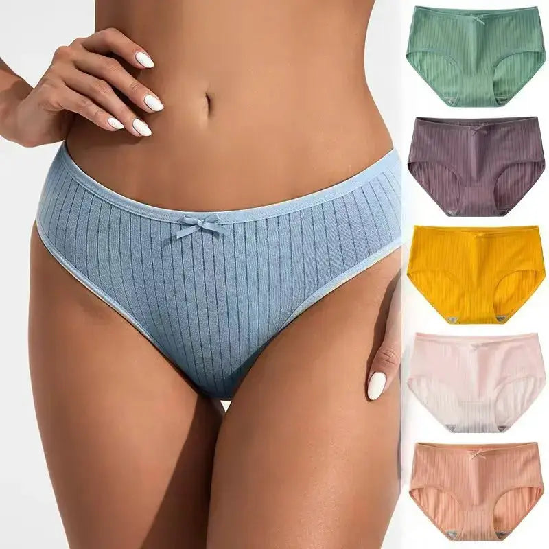 Simples Market 7-pcs set: women's cotton ribbed mid-rise panties with bow, breathable underwear in blue with colors