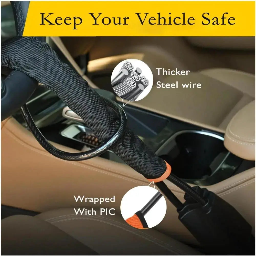 Steering wheel lock anti-theft device with thick steel cable, black fabric wrap, universal fit by Simples Market