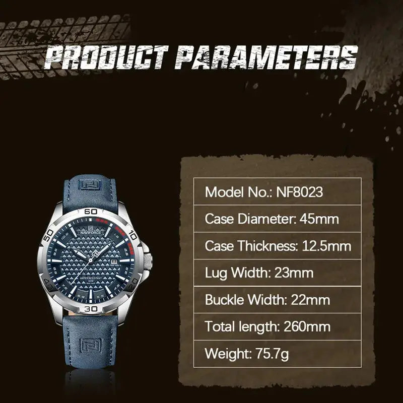Naviforce Men Quartz Watch With Leather Strap Casual Sport Timepiece Water Resistant For Everyday Wear