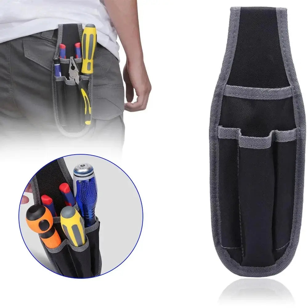 Small portable hip tool bag by Simples Market, black polyester with gray trim and tool pockets