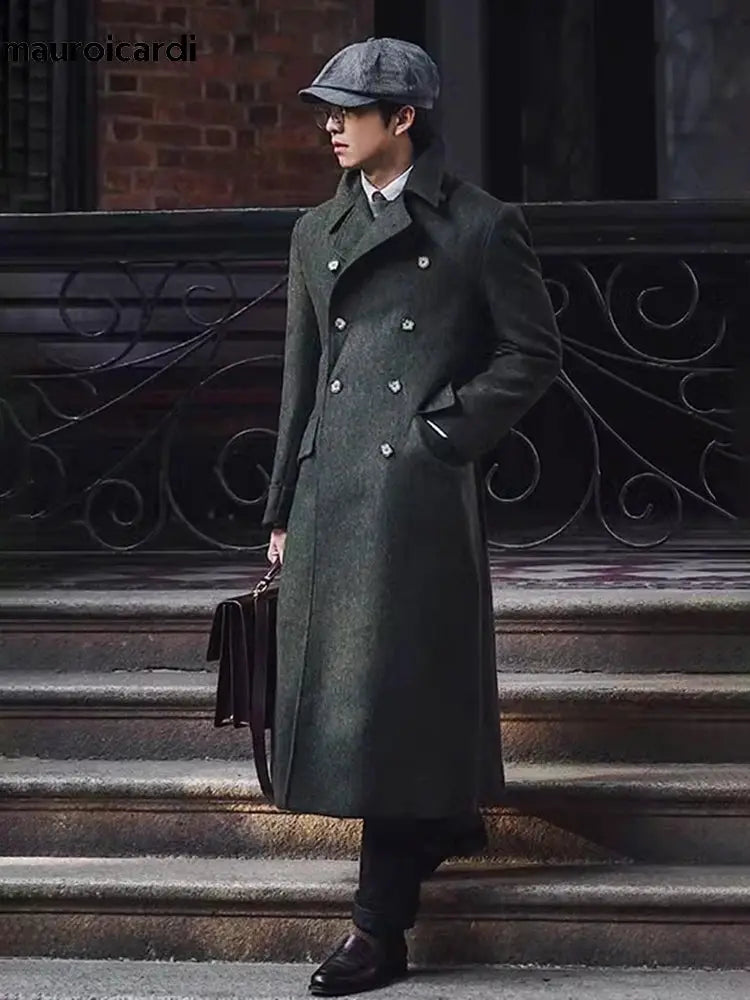 Mauroicardi green wool-blend long double-breasted polo coat for men
