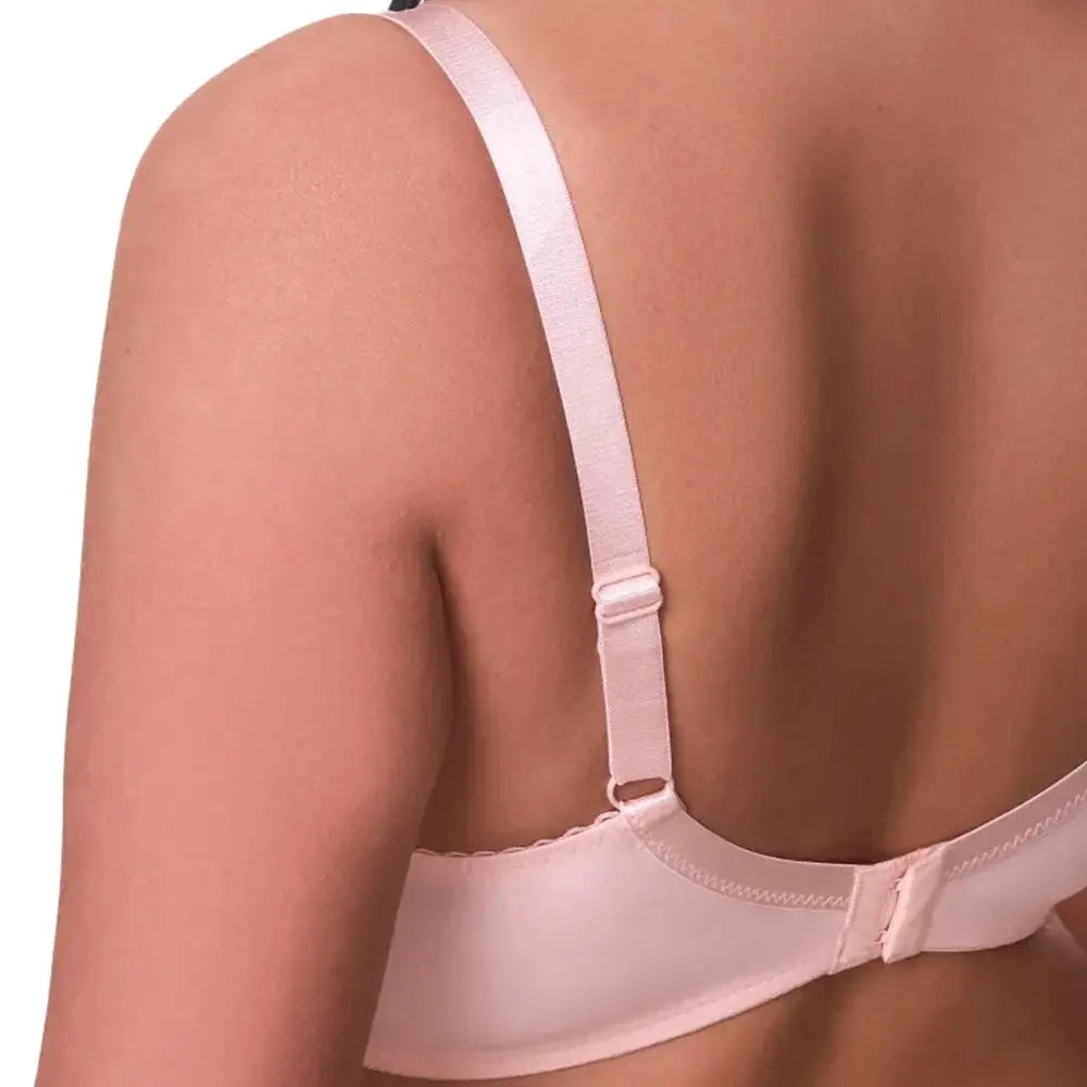 Plus size pink bra back view with adjustable strap and hook-and-eye closure