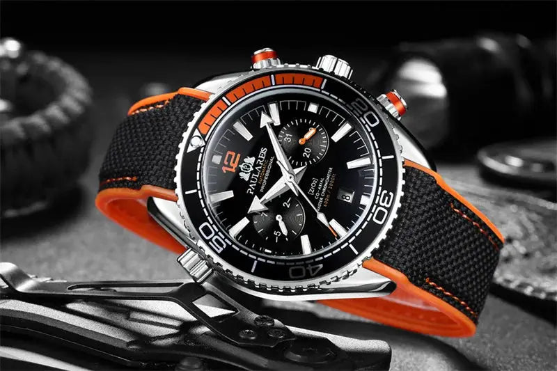 Paulareis P luxury men's automatic watch with black dial and orange-accent strap