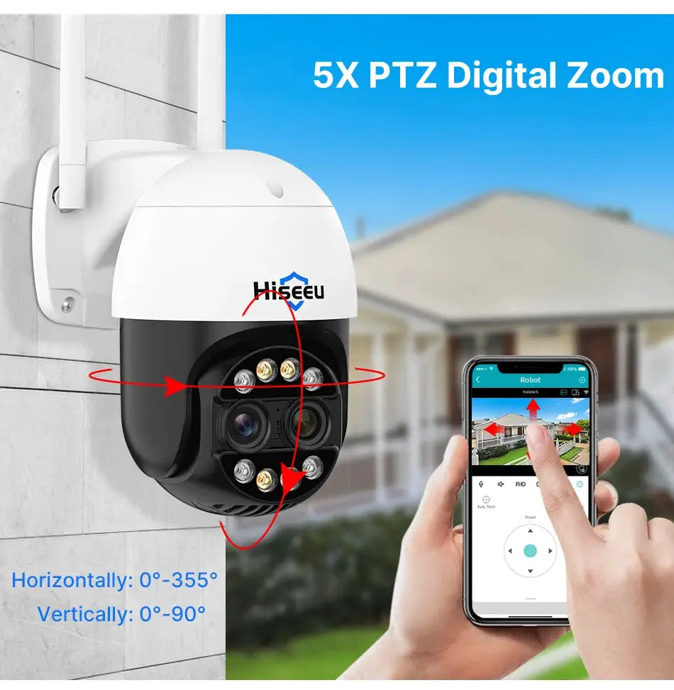 Hiseeu 4K 8MP dual-lens PTZ outdoor Wi-Fi IP camera with 8x zoom and full-color night vision by Simples Market