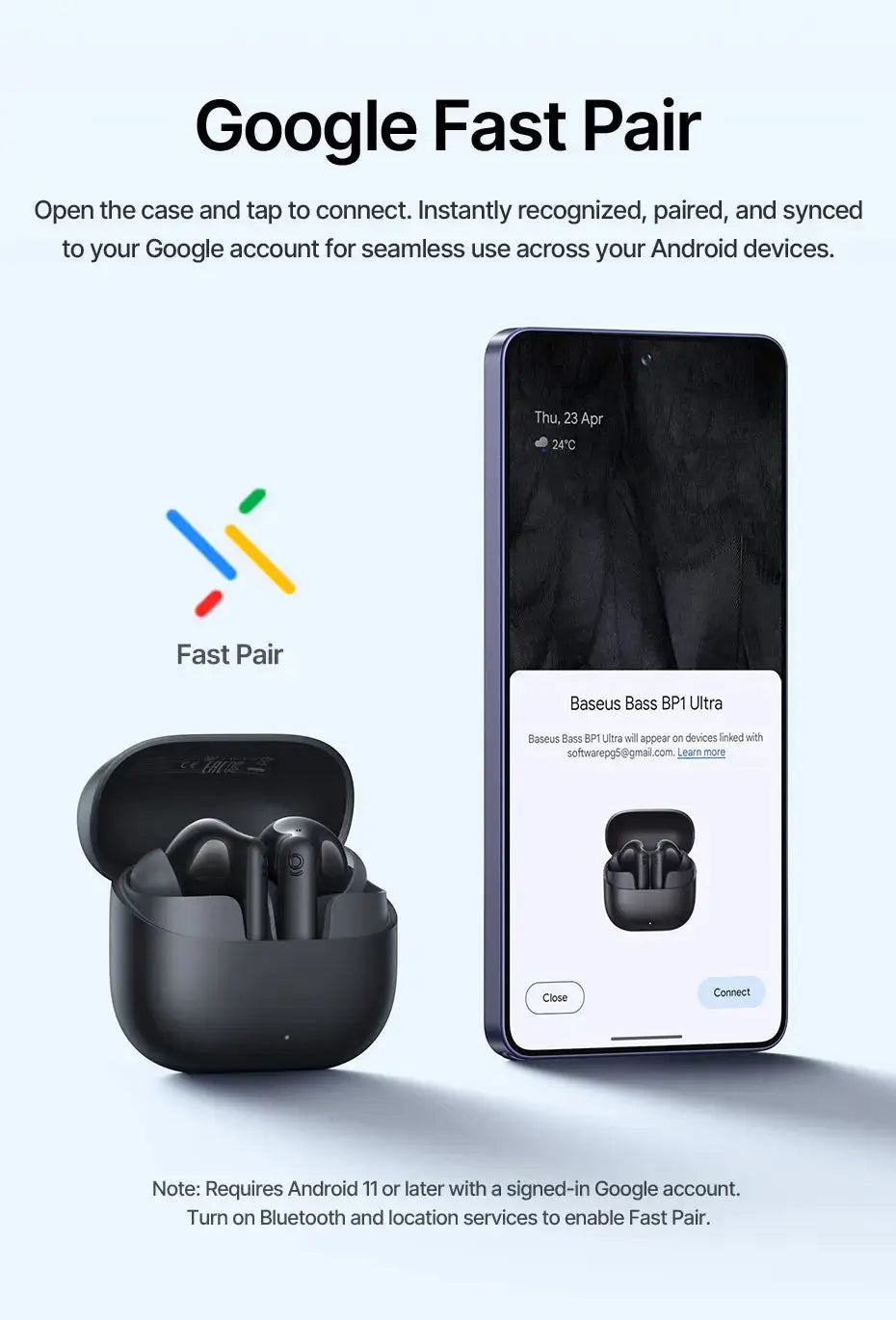 Baseus Bass EP10 Ultra wireless earphones with black charging case; shown beside a smartphone with Google Fast Pair