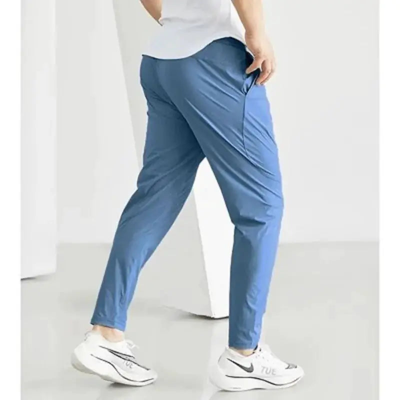 Men's blue running pants, lightweight quick-dry gym trousers with elastic waistband