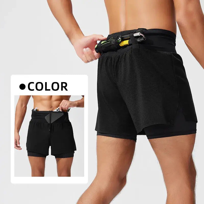 Men's double-layer running shorts by Simples Market; black quick-dry outer mesh with inner liner