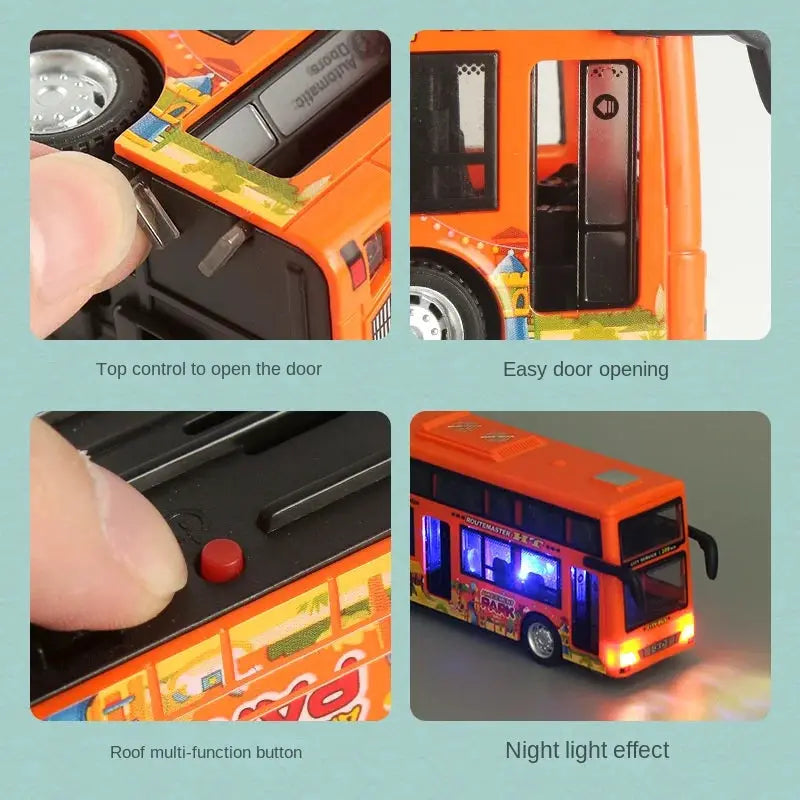 Double Decker Sightseeing Bus Model Die Cast Pull Back Toy Open Doors with Light Music for Boys