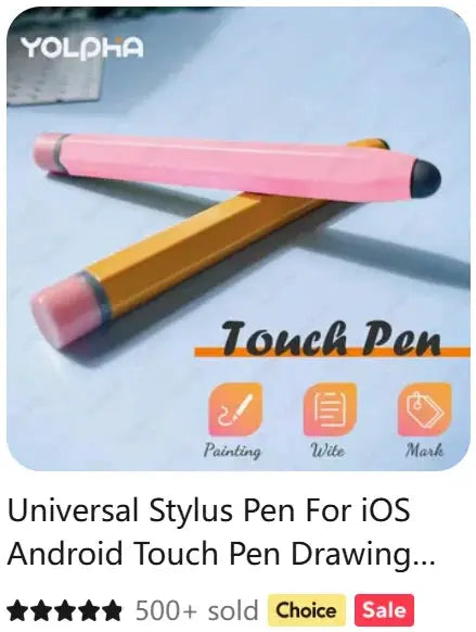 Two YOLPHA universal touch stylus pens in pink and yellow for Android and iOS touchscreens