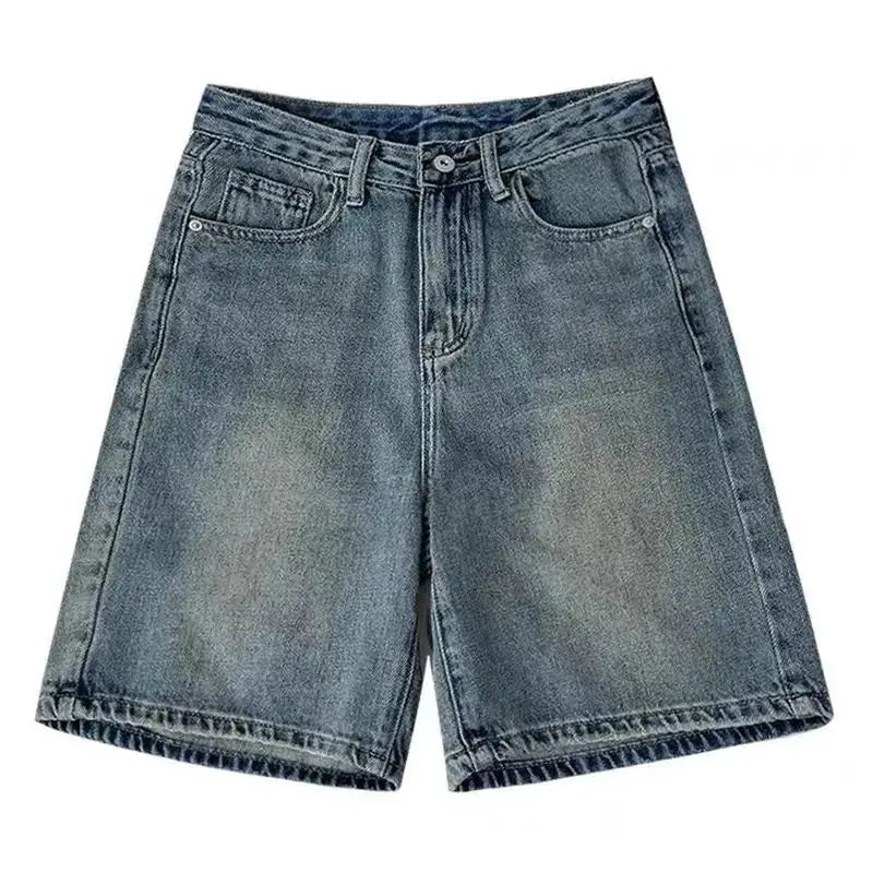 Women’s denim shorts, light-wash knee-length, high-waist casual style