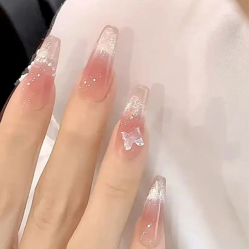 AuroraNails Ten Pieces Pink Butterfly Press On Nails Cat Eyes Blush Handmade DIY False Nails For Weddings And Parties