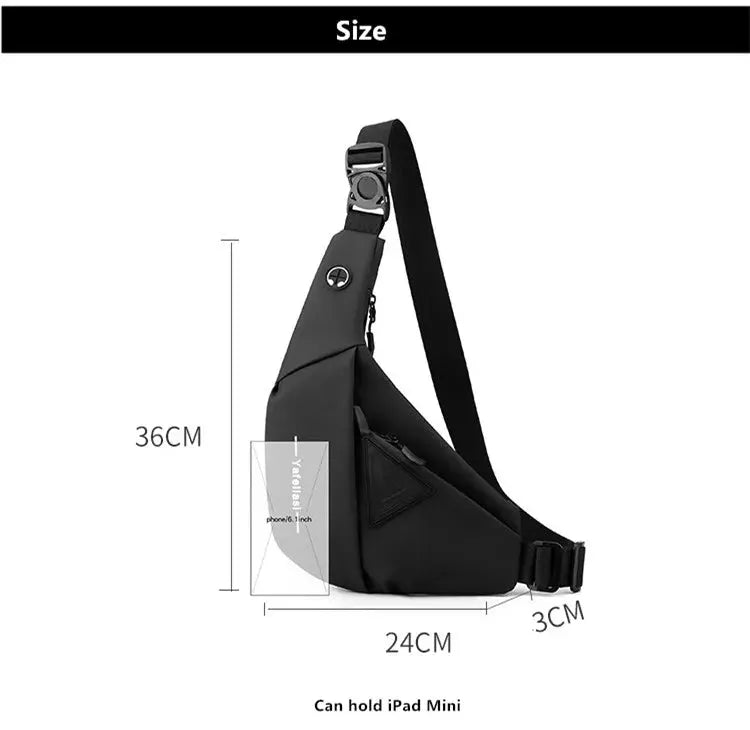 Simples Market black sling chest bag; compact crossbody for men with adjustable strap; fits iPad Mini.