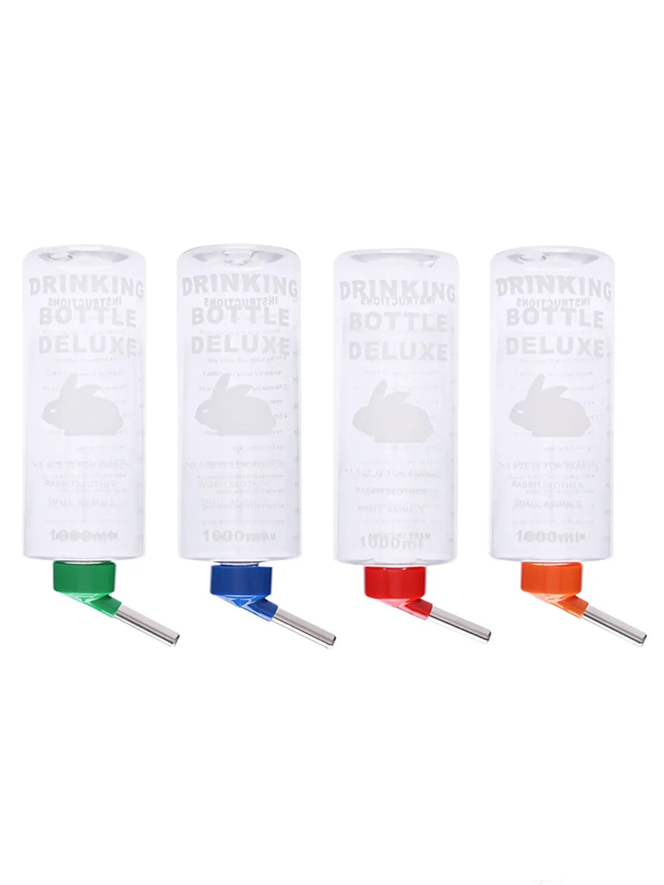 Four 1000ml automatic drinking bottles for small animals with hangable design in green, blue, red and orange