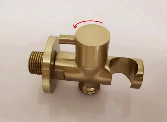 Brass handheld bidet shower valve with top knob, threaded inlet and curved outlet