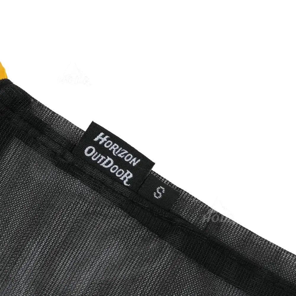 Mesh stuff sack bag, black lightweight mesh with drawstring; Horizon Outdoor tag visible