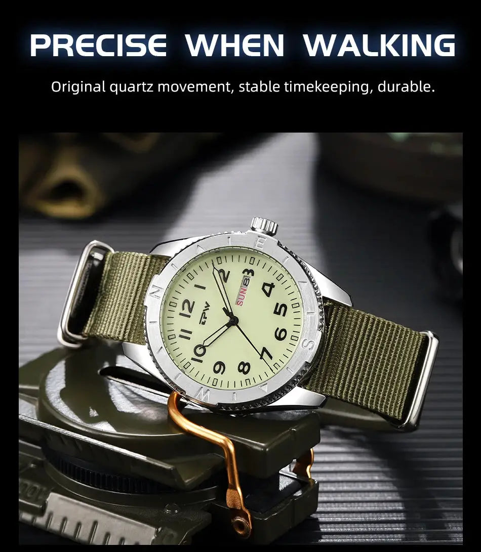 Simples Market TPW 40mm field watch with olive fabric strap, quartz movement, luminous bezel, date and day.