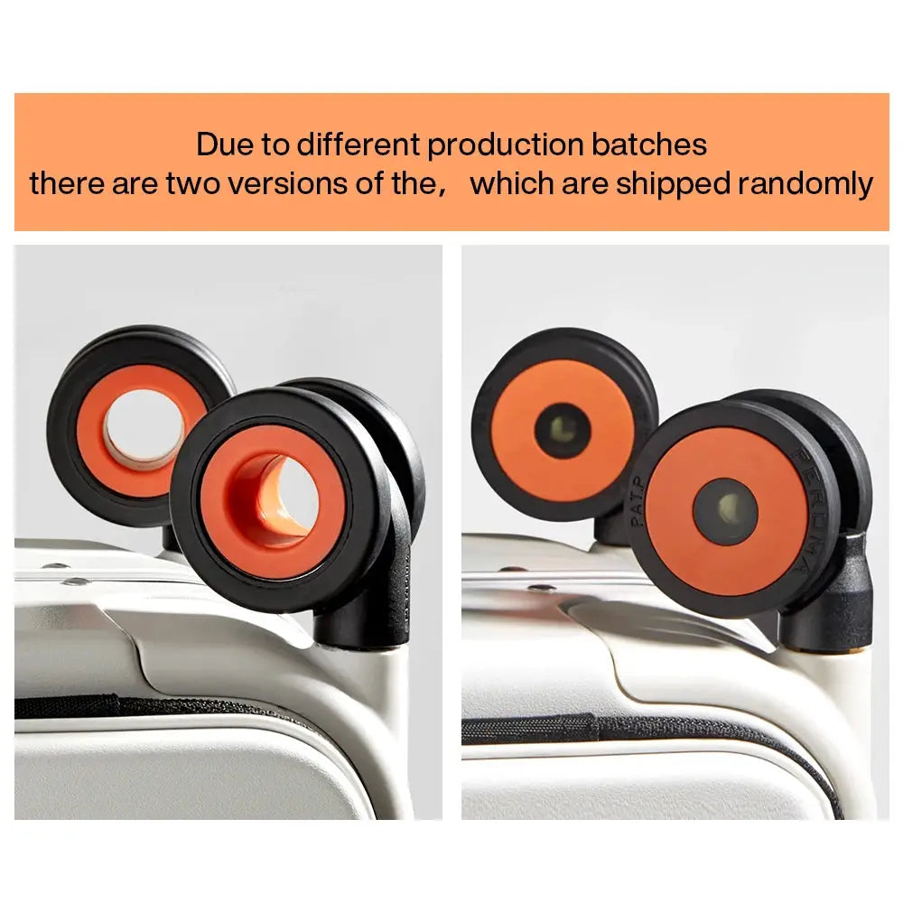 Pair of suitcase wheels with orange inner rings and black housing for 20-inch carry-on luggage